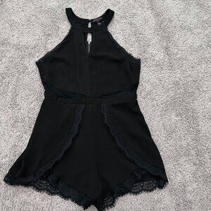 Material Girl Black Large Lace Cutout Romper Shorts Zip Back